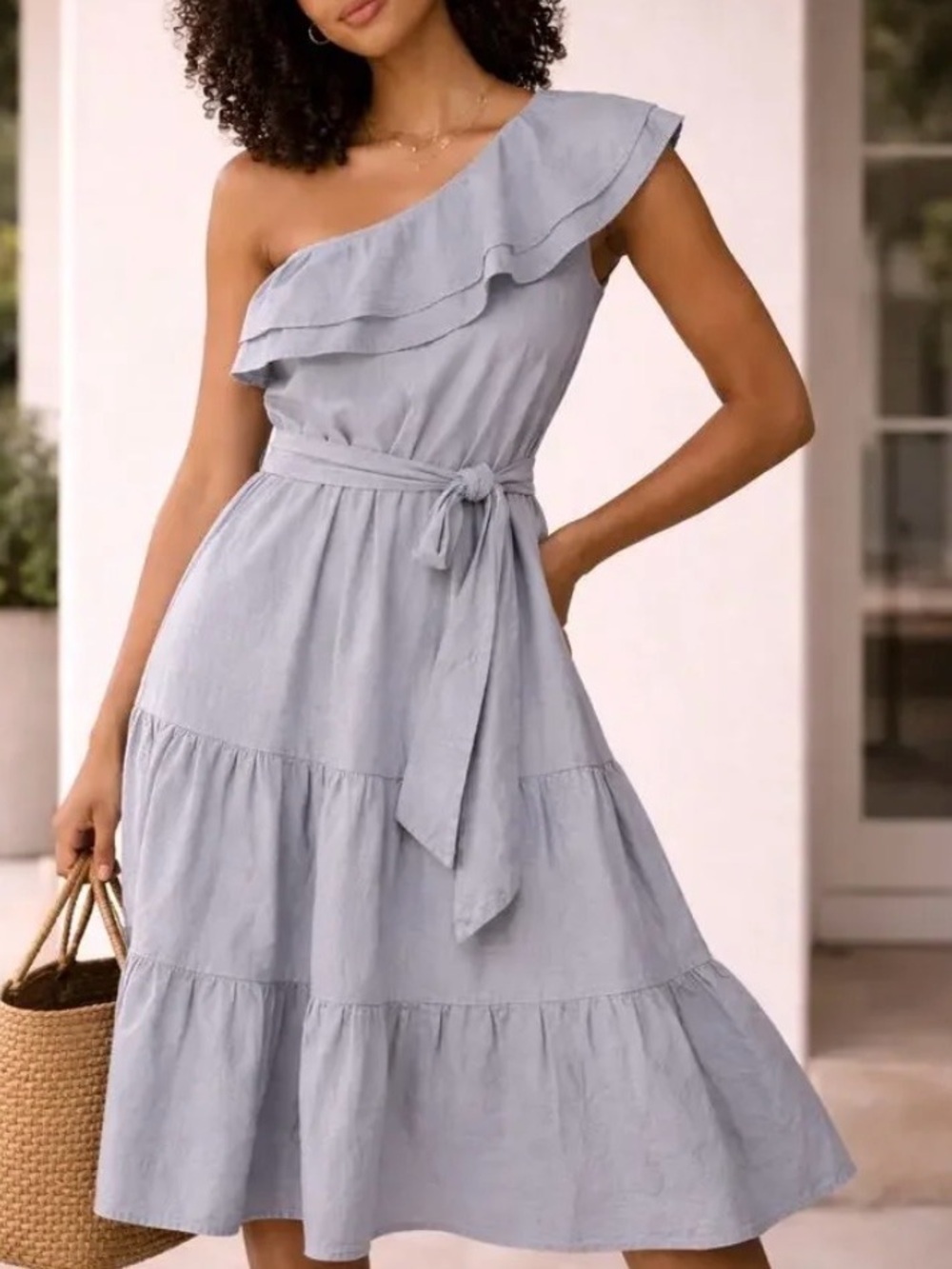 Nicole Miller One-Shoulder Linen Blend Tiered Midi Dress NWT size XS